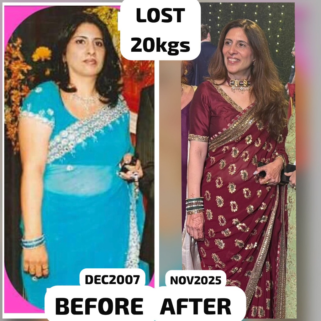 Coach Ritu Oberoi Before After - Lost 20kgs (Dec 2007 vs Nov 2025)